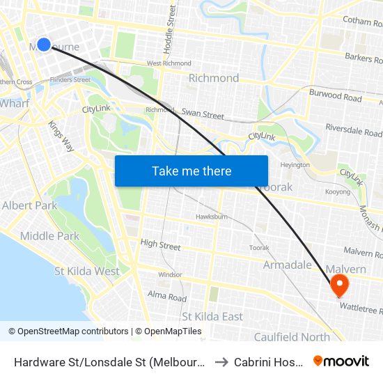 Hardware St/Lonsdale St (Melbourne City) to Cabrini Hospital map