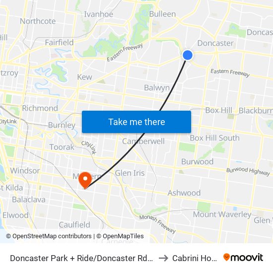 Doncaster Park + Ride/Doncaster Rd (Doncaster) to Cabrini Hospital map