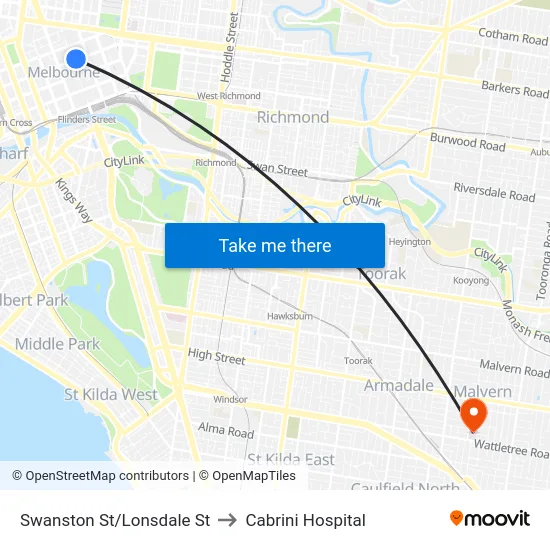 Swanston St/Lonsdale St to Cabrini Hospital map