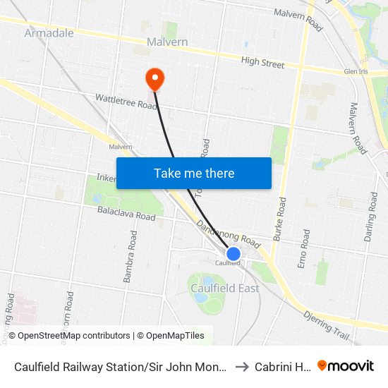 Caulfield Railway Station/Sir John Monash Dr (Caulfield East) to Cabrini Hospital map