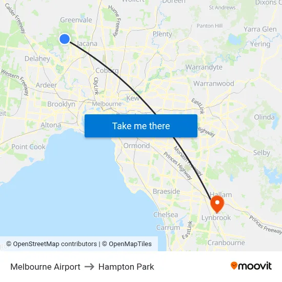 Melbourne Airport to Hampton Park map