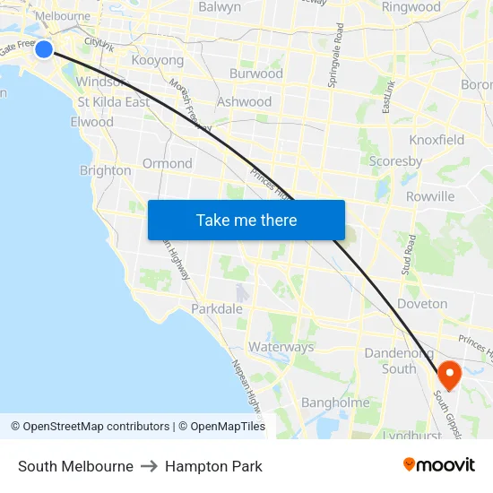 South Melbourne to Hampton Park map