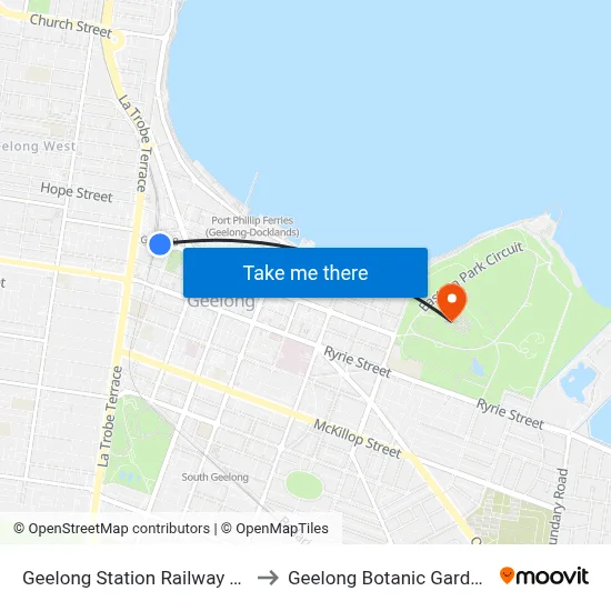 Geelong Station Railway Tce to Geelong Botanic Gardens map
