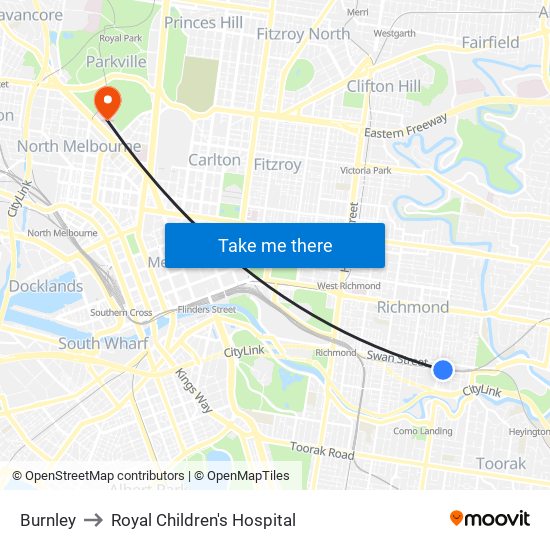 Burnley to Royal Children's Hospital map