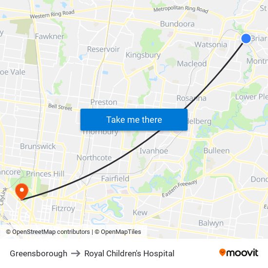 Greensborough to Royal Children's Hospital map