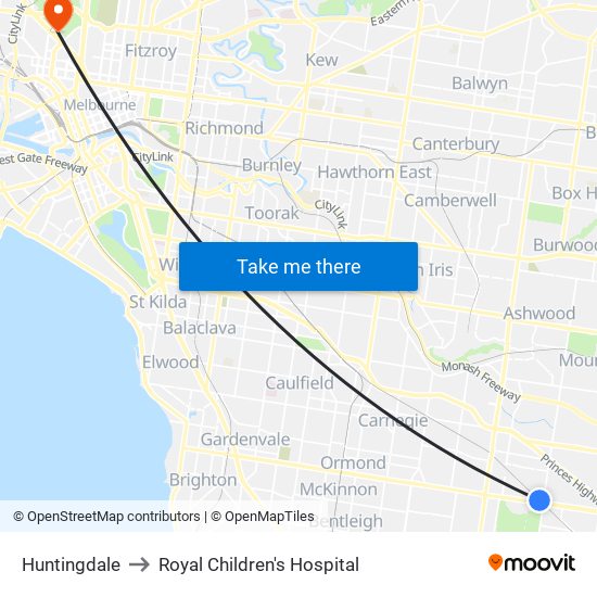 Huntingdale to Royal Children's Hospital map