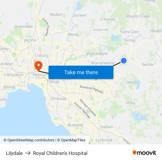 Lilydale to Royal Children's Hospital map