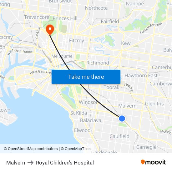 Malvern to Royal Children's Hospital map