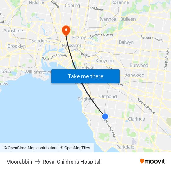 Moorabbin to Royal Children's Hospital map