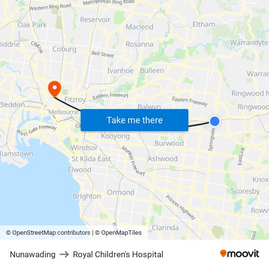 Nunawading to Royal Children's Hospital map