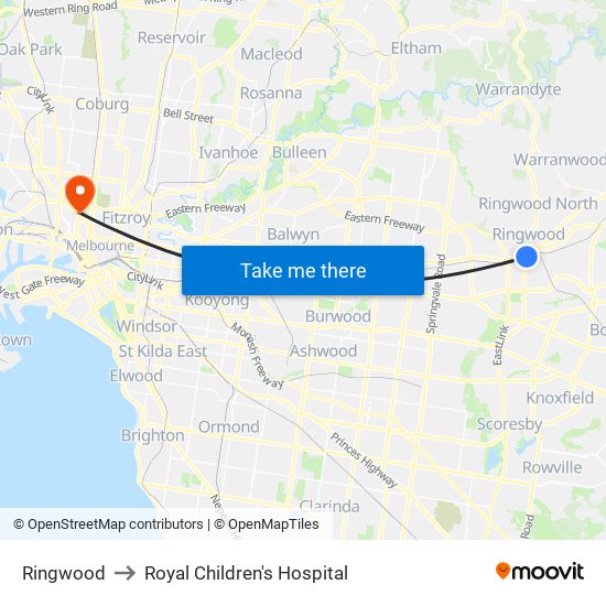 Ringwood to Royal Children's Hospital map