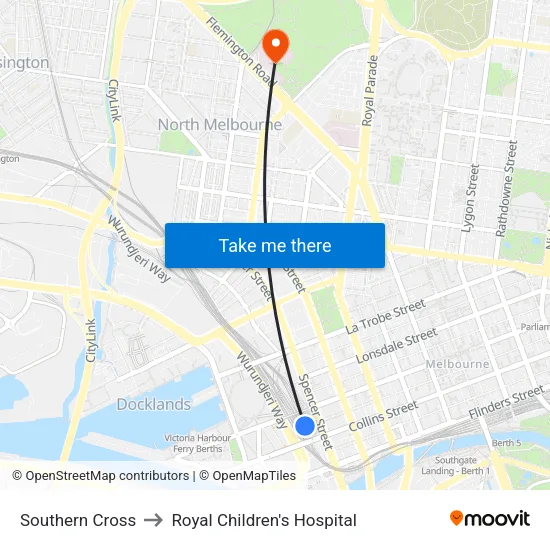 Southern Cross to Royal Children's Hospital map