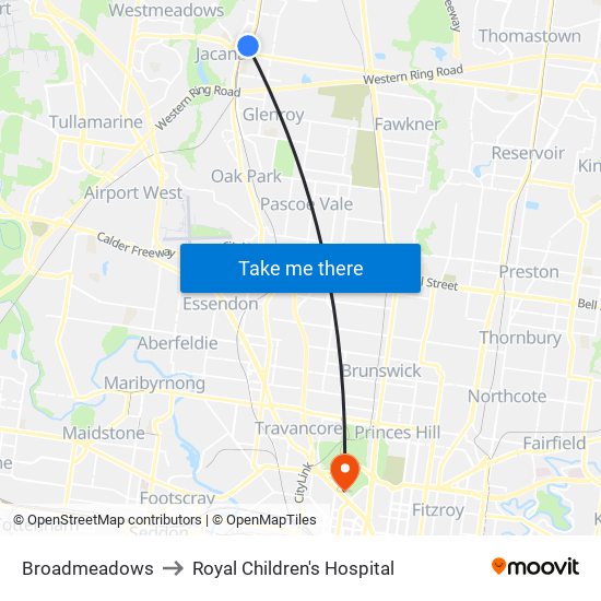 Broadmeadows to Royal Children's Hospital map