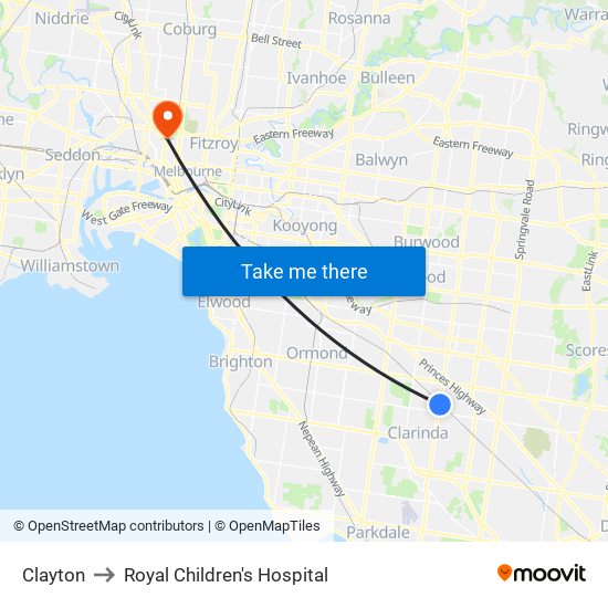 Clayton to Royal Children's Hospital map