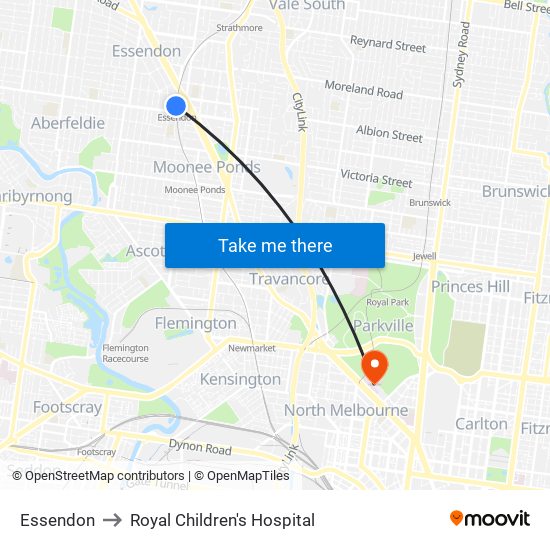Essendon to Royal Children's Hospital map