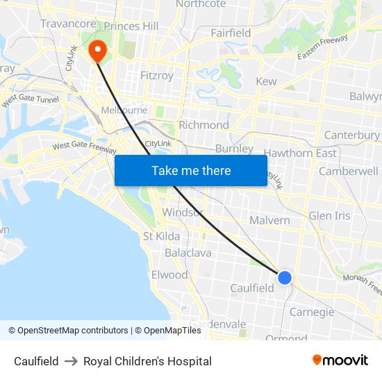 Caulfield to Royal Children's Hospital map
