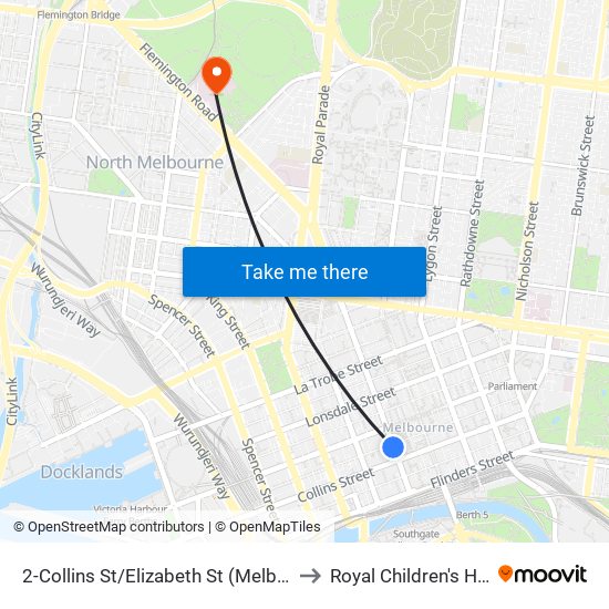 2-Collins St/Elizabeth St (Melbourne City) to Royal Children's Hospital map