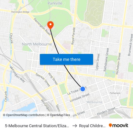 5-Melbourne Central Station/Elizabeth St (Melbourne City) to Royal Children's Hospital map