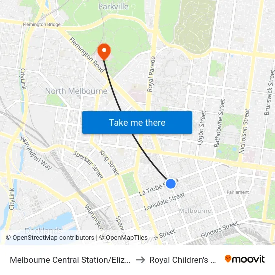 Melbourne Central Station/Elizabeth St #5 to Royal Children's Hospital map