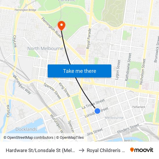 Hardware St/Lonsdale St (Melbourne City) to Royal Children's Hospital map