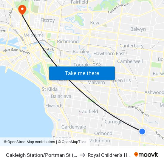 Oakleigh Station/Portman St (Oakleigh) to Royal Children's Hospital map
