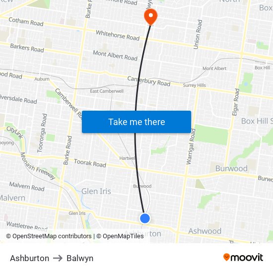 Ashburton to Balwyn map