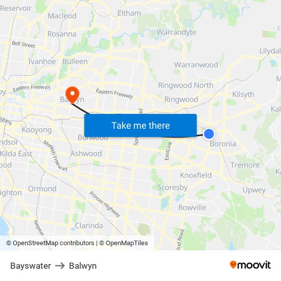 Bayswater to Balwyn map