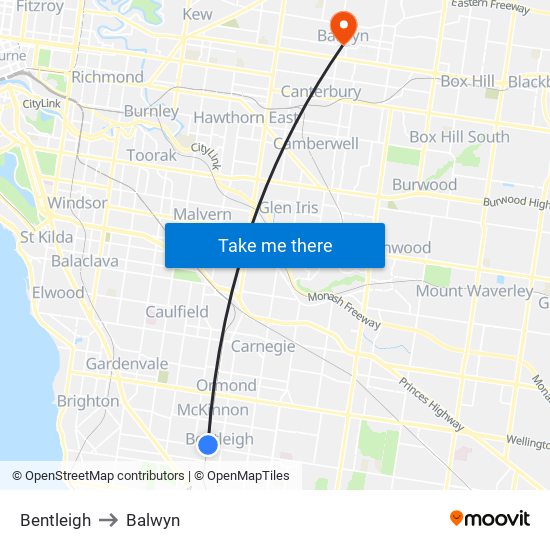 Bentleigh to Balwyn map