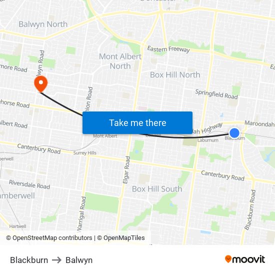 Blackburn to Balwyn map