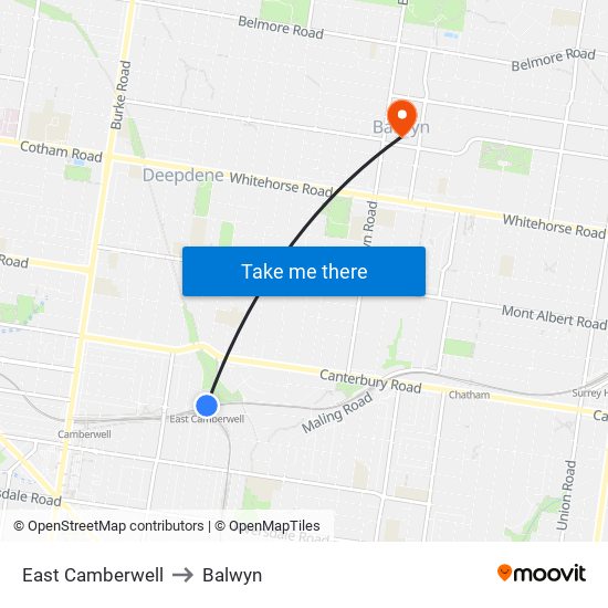 East Camberwell to Balwyn map