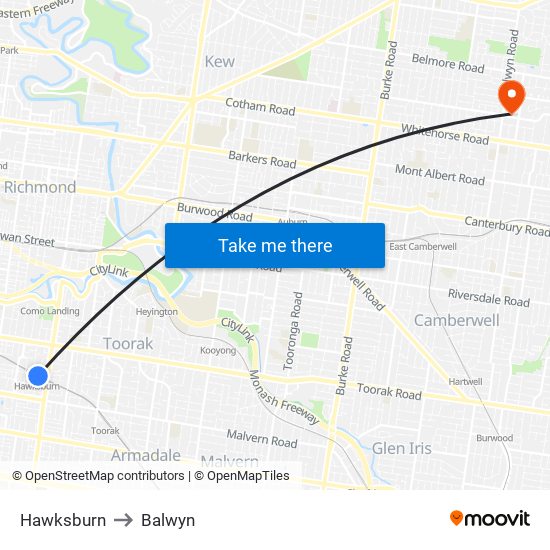 Hawksburn to Balwyn map