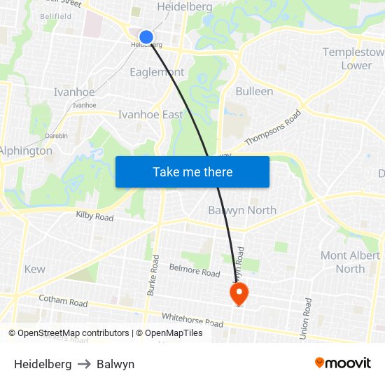 Heidelberg to Balwyn map