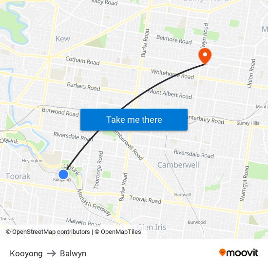 Kooyong to Balwyn map