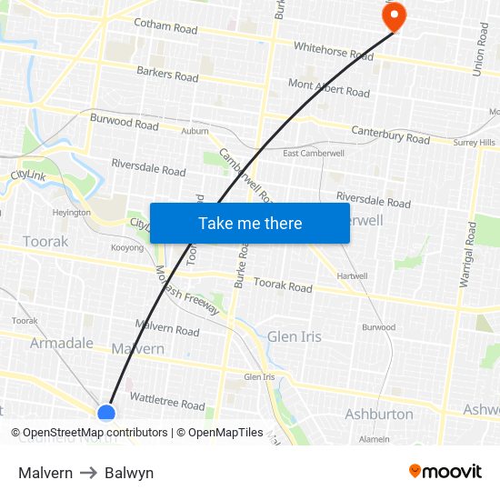 Malvern to Balwyn map