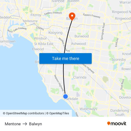 Mentone to Balwyn map