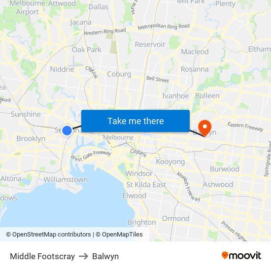 Middle Footscray to Balwyn map