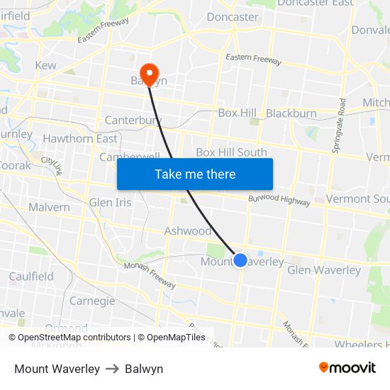 Mount Waverley to Balwyn map