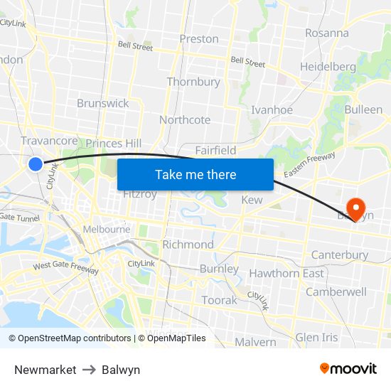 Newmarket to Balwyn map