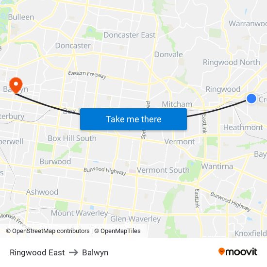 Ringwood East to Balwyn map