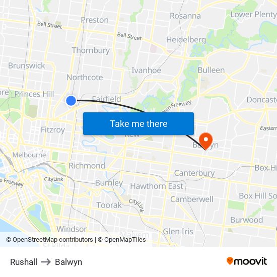 Rushall to Balwyn map