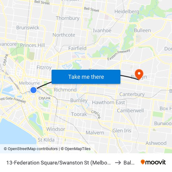 13-Federation Square/Swanston St (Melbourne City) to Balwyn map