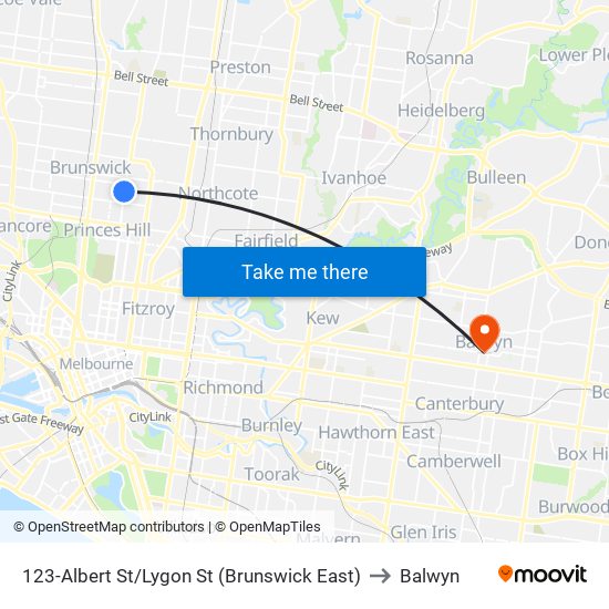 123-Albert St/Lygon St (Brunswick East) to Balwyn map