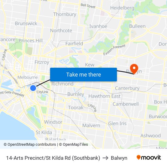 14-Arts Precinct/St Kilda Rd (Southbank) to Balwyn map