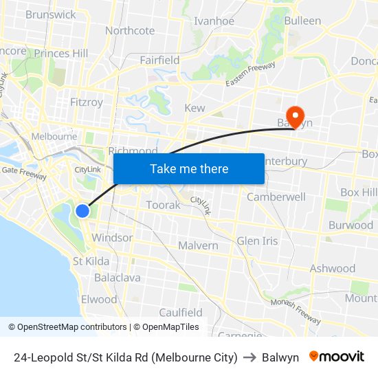 24-Leopold St/St Kilda Rd (Melbourne City) to Balwyn map