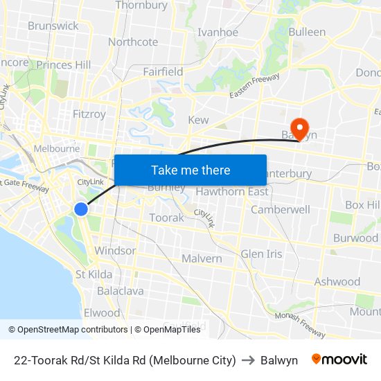 22-Toorak Rd/St Kilda Rd (Melbourne City) to Balwyn map