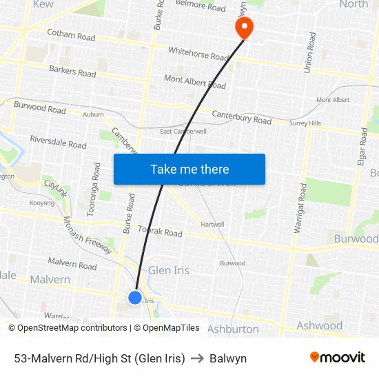 53-Malvern Rd/High St (Glen Iris) to Balwyn map