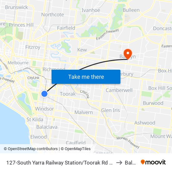 127-South Yarra Railway Station/Toorak Rd (South Yarra) to Balwyn map