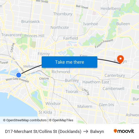 D17-Merchant St/Collins St (Docklands) to Balwyn map