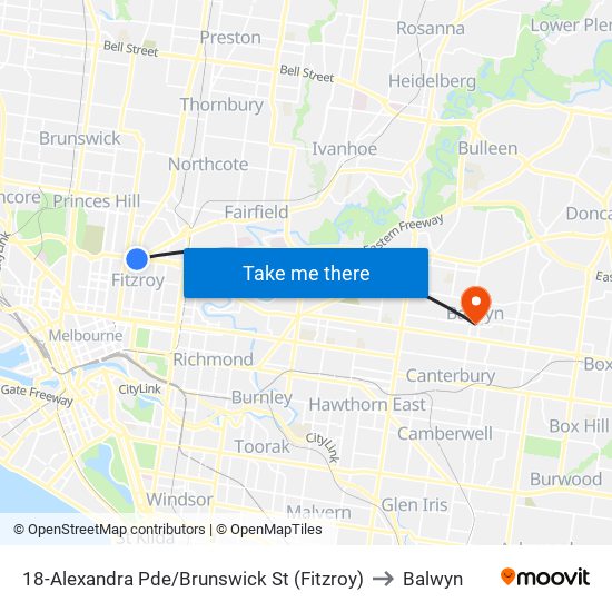 18-Alexandra Pde/Brunswick St (Fitzroy) to Balwyn map