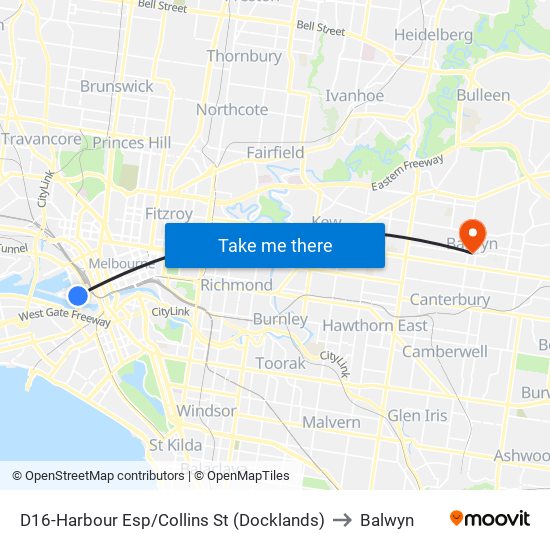 D16-Harbour Esp/Collins St (Docklands) to Balwyn map